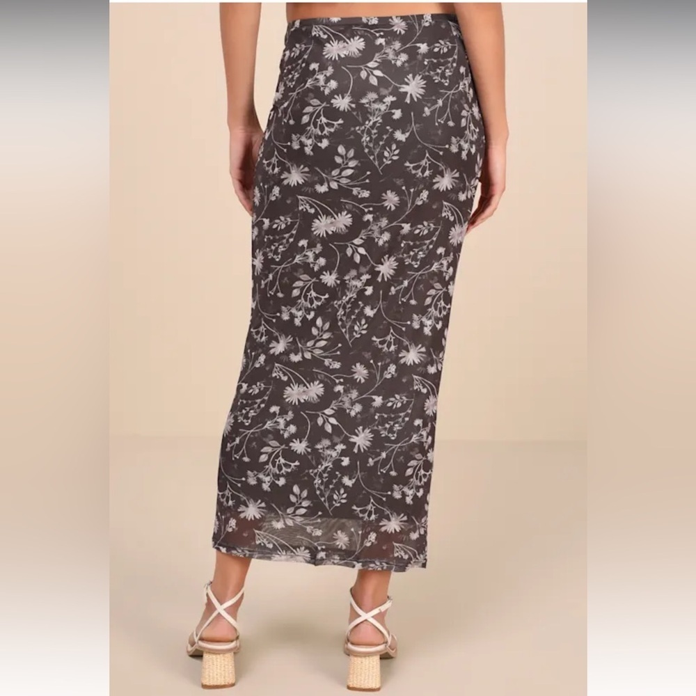 Glamorous Dark Grey Floral Mesh Maxi Skirt High Waist Column Ankle Length L NWT - Picture 3 of 3